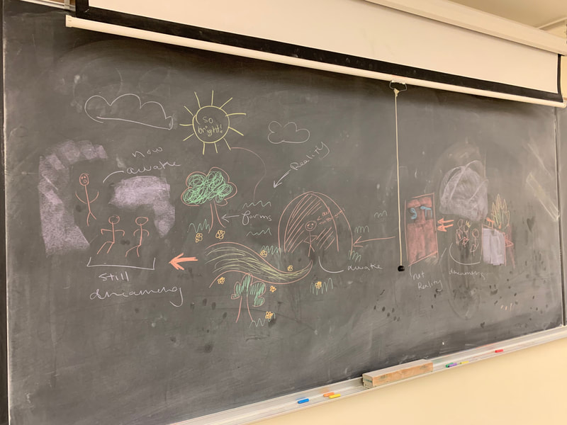 Drawings in colored chalk on a blackboard.